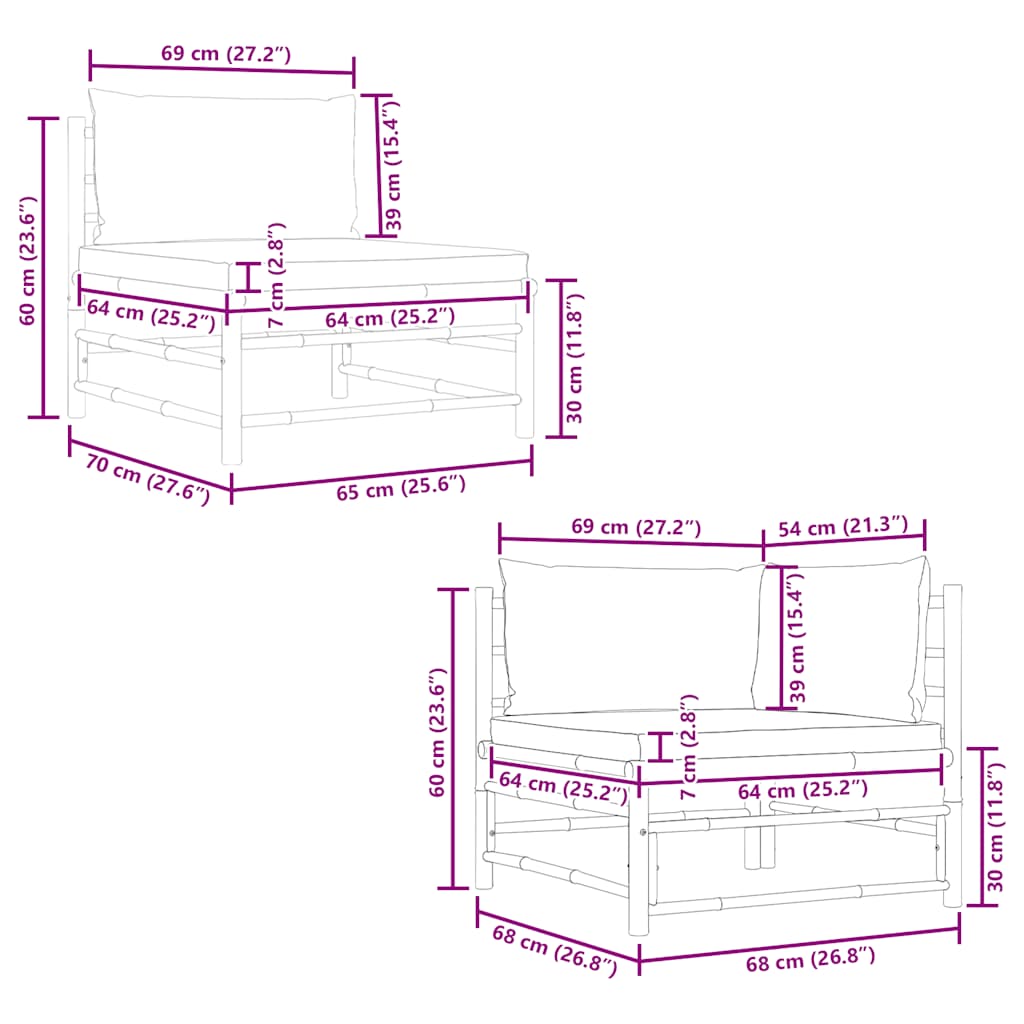 2 pcs conj. lounge p/ jardim em bambu c/ almofadões branco nata