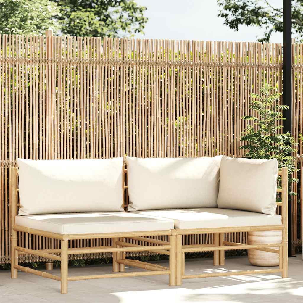 2 pcs conj. lounge p/ jardim em bambu c/ almofadões branco nata