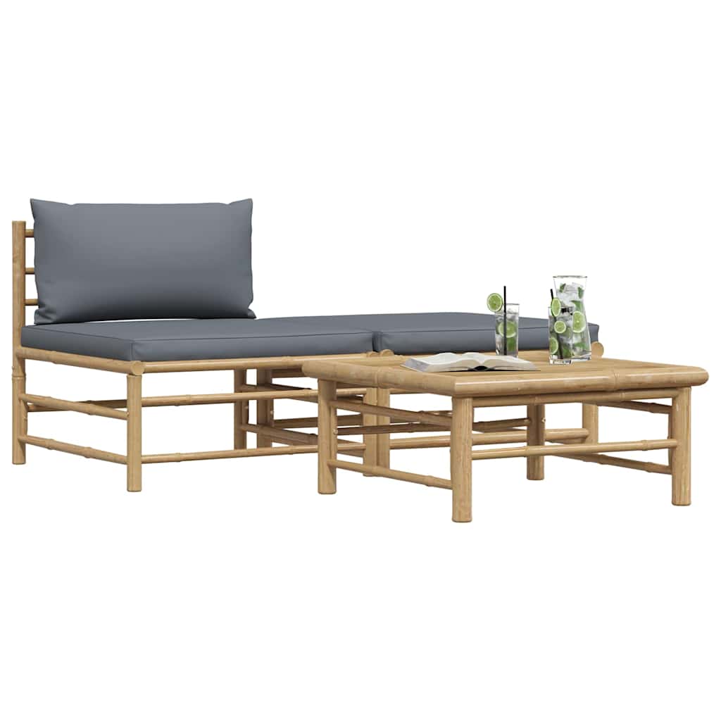 3 pcs conj. lounge jardim em bambu c/ almofadões cinza-escuro