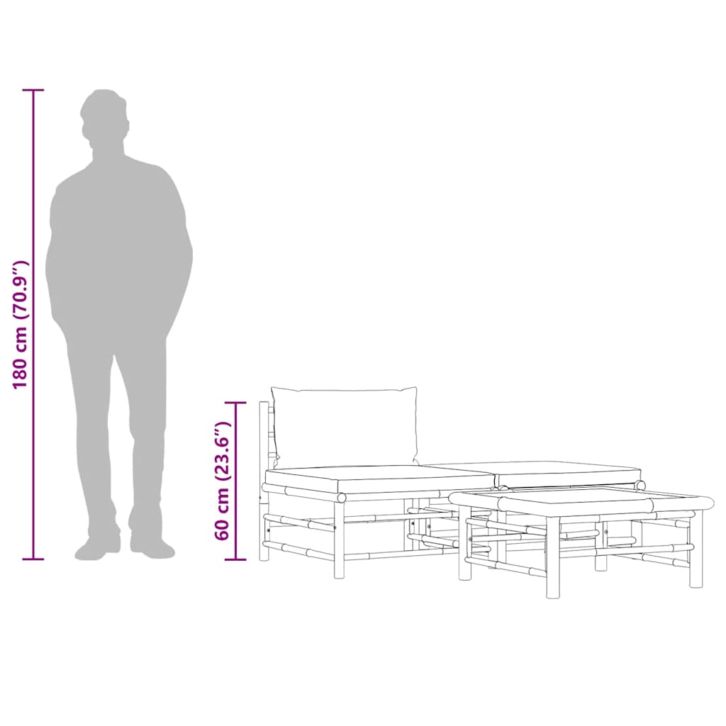 3 pcs conj. lounge jardim em bambu c/ almofadões cinza-escuro