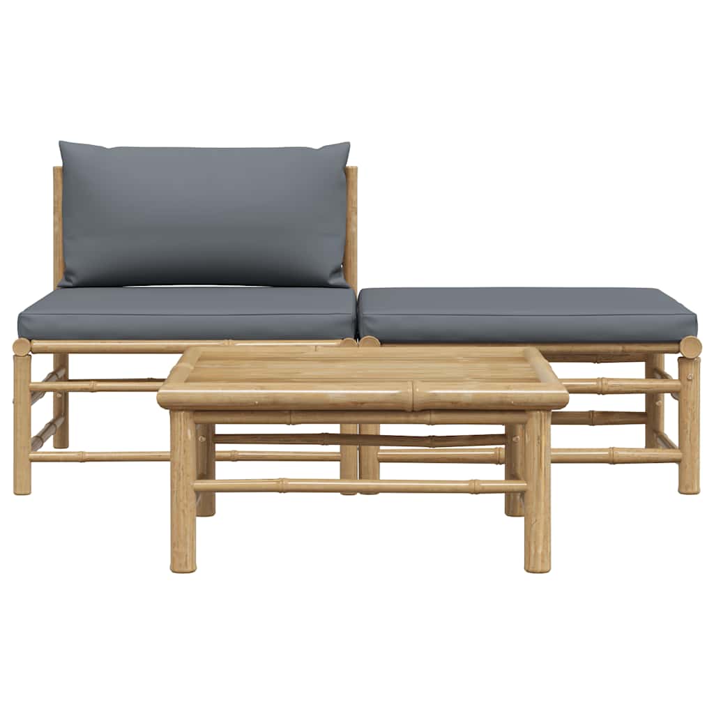 3 pcs conj. lounge jardim em bambu c/ almofadões cinza-escuro