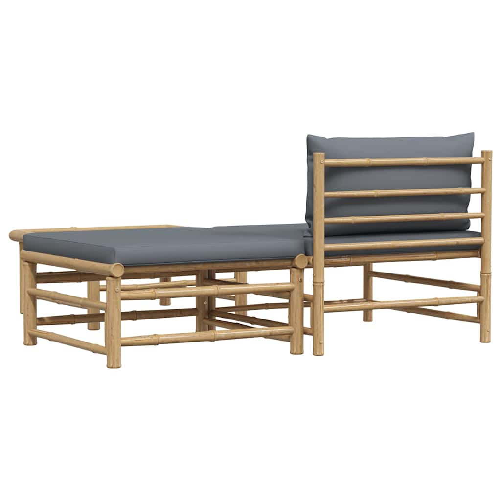 3 pcs conj. lounge jardim em bambu c/ almofadões cinza-escuro