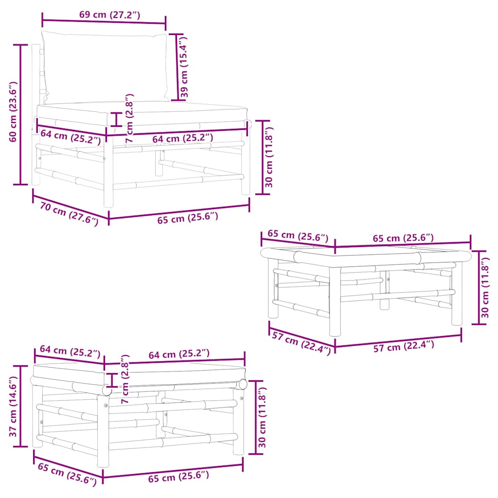 3 pcs conj. lounge jardim em bambu c/ almofadões cinza-escuro