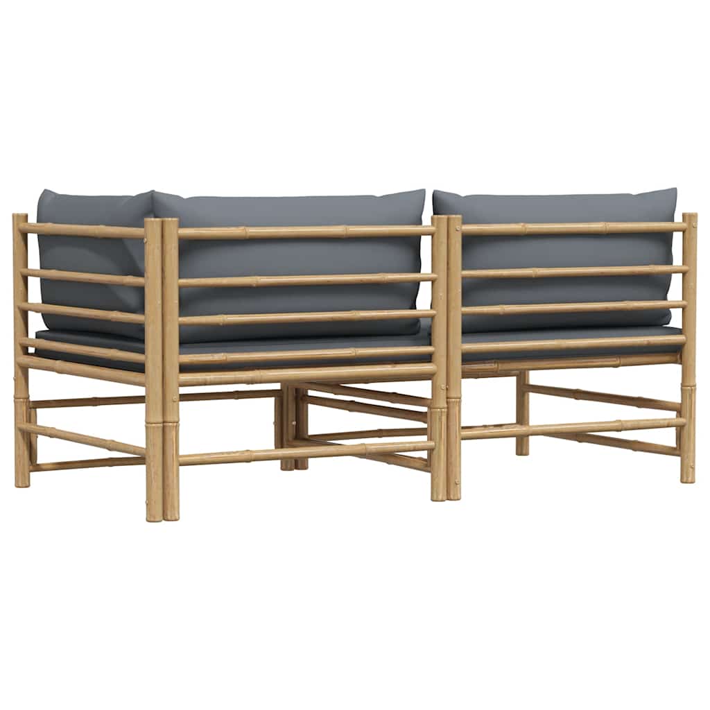 2 pcs conj. lounge jardim em bambu c/ almofadões cinza-escuro