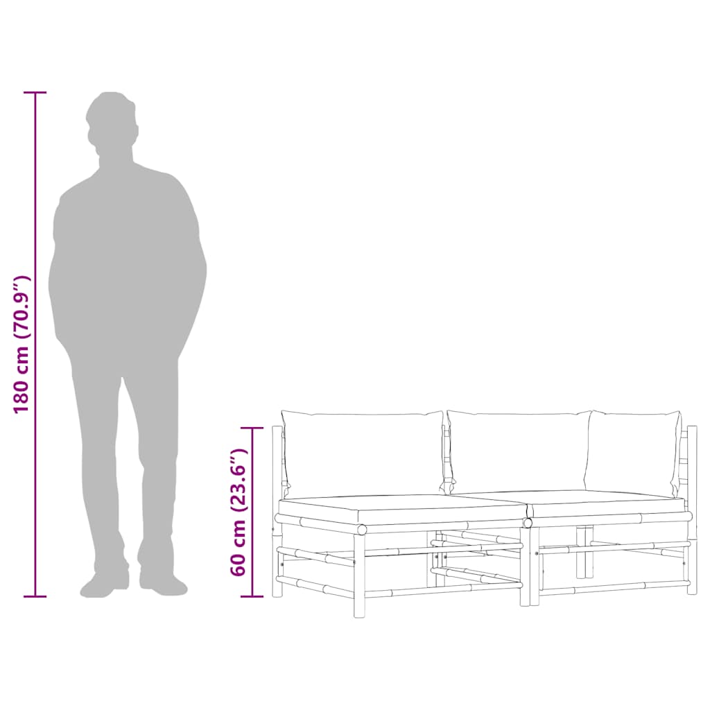 2 pcs conj. lounge jardim em bambu c/ almofadões cinza-escuro