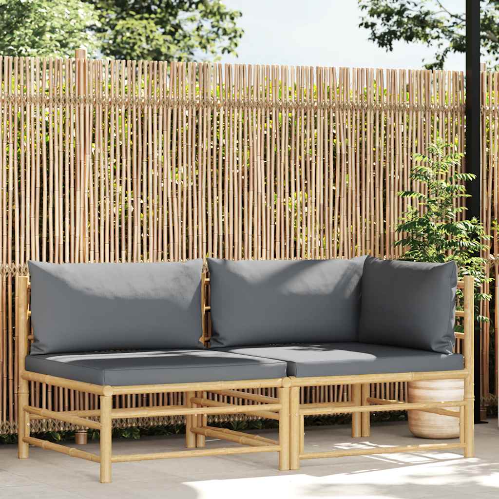 2 pcs conj. lounge jardim em bambu c/ almofadões cinza-escuro