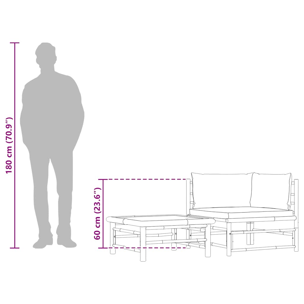 2 pcs conj. lounge jardim em bambu c/ almofadões cinza-escuro