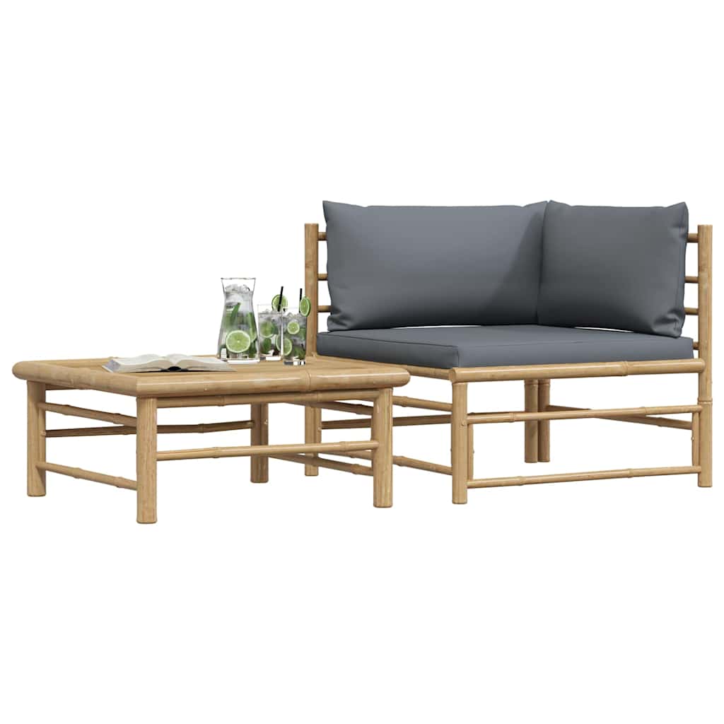 2 pcs conj. lounge jardim em bambu c/ almofadões cinza-escuro