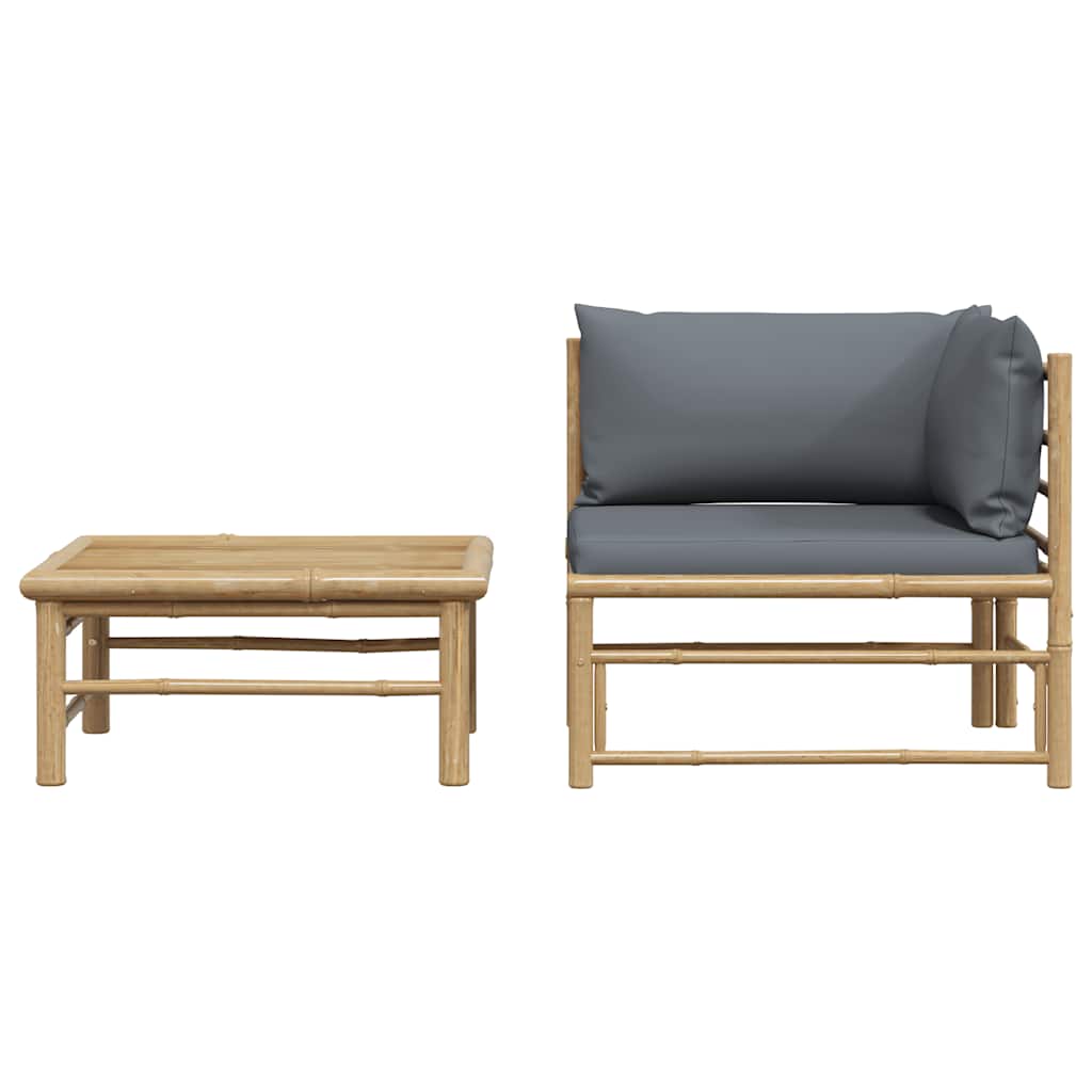 2 pcs conj. lounge jardim em bambu c/ almofadões cinza-escuro