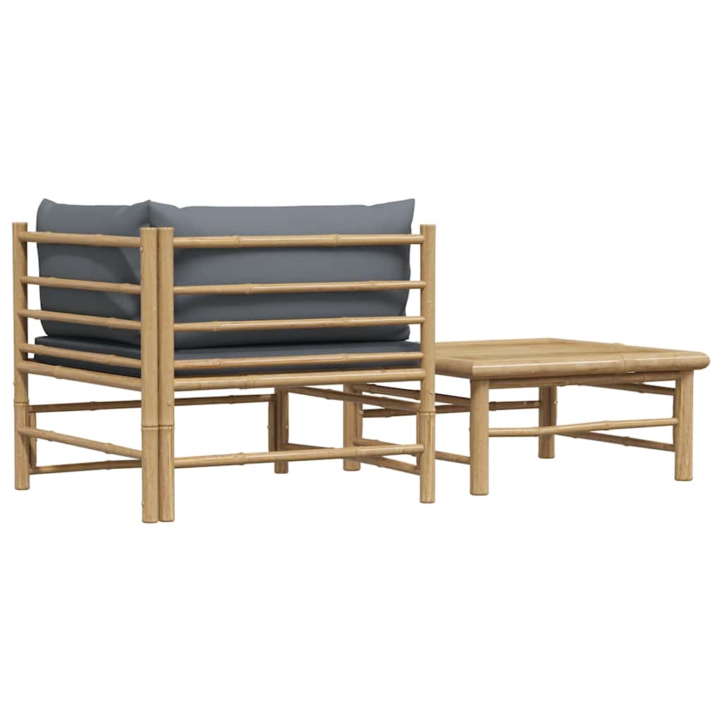 2 pcs conj. lounge jardim em bambu c/ almofadões cinza-escuro