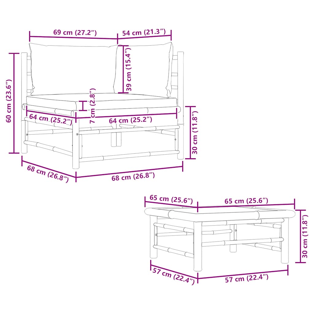 2 pcs conj. lounge jardim em bambu c/ almofadões cinza-escuro