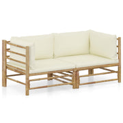 2 pcs conjunto lounge de jardim bambu c/ almofadões branco nata