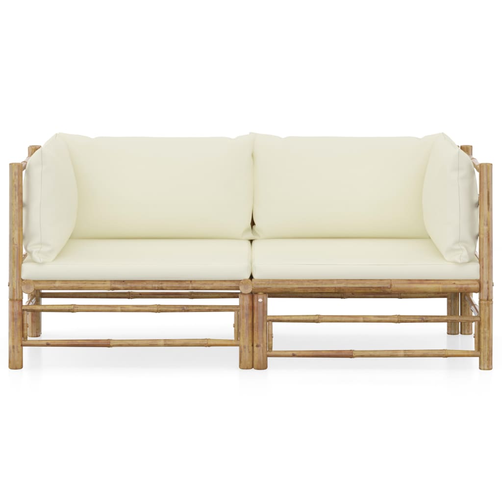 2 pcs conjunto lounge de jardim bambu c/ almofadões branco nata