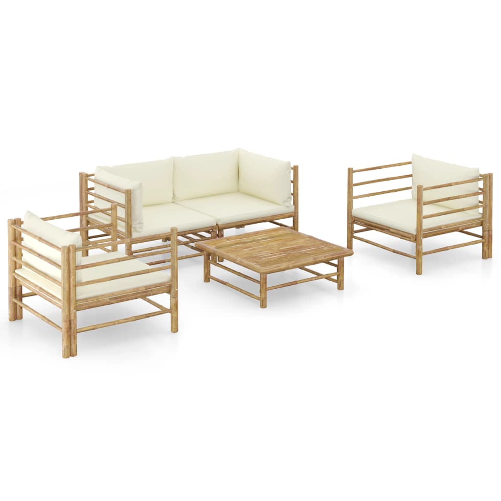 8 pcs conj. lounge p/ jardim em bambu c/ almofadões branco nata