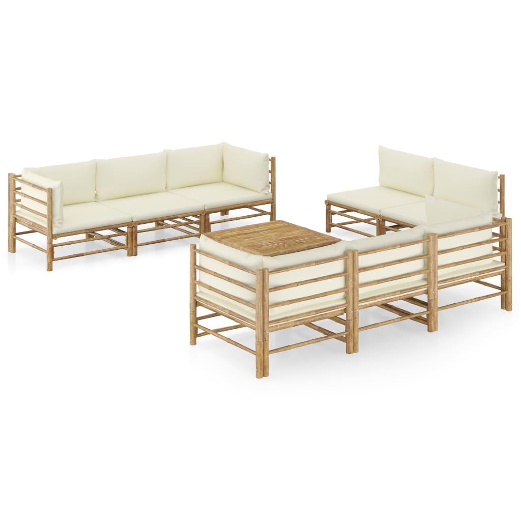 8 pcs conj. lounge p/ jardim em bambu c/ almofadões branco nata