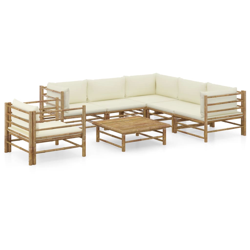 8 pcs conj. lounge p/ jardim em bambu c/ almofadões branco nata