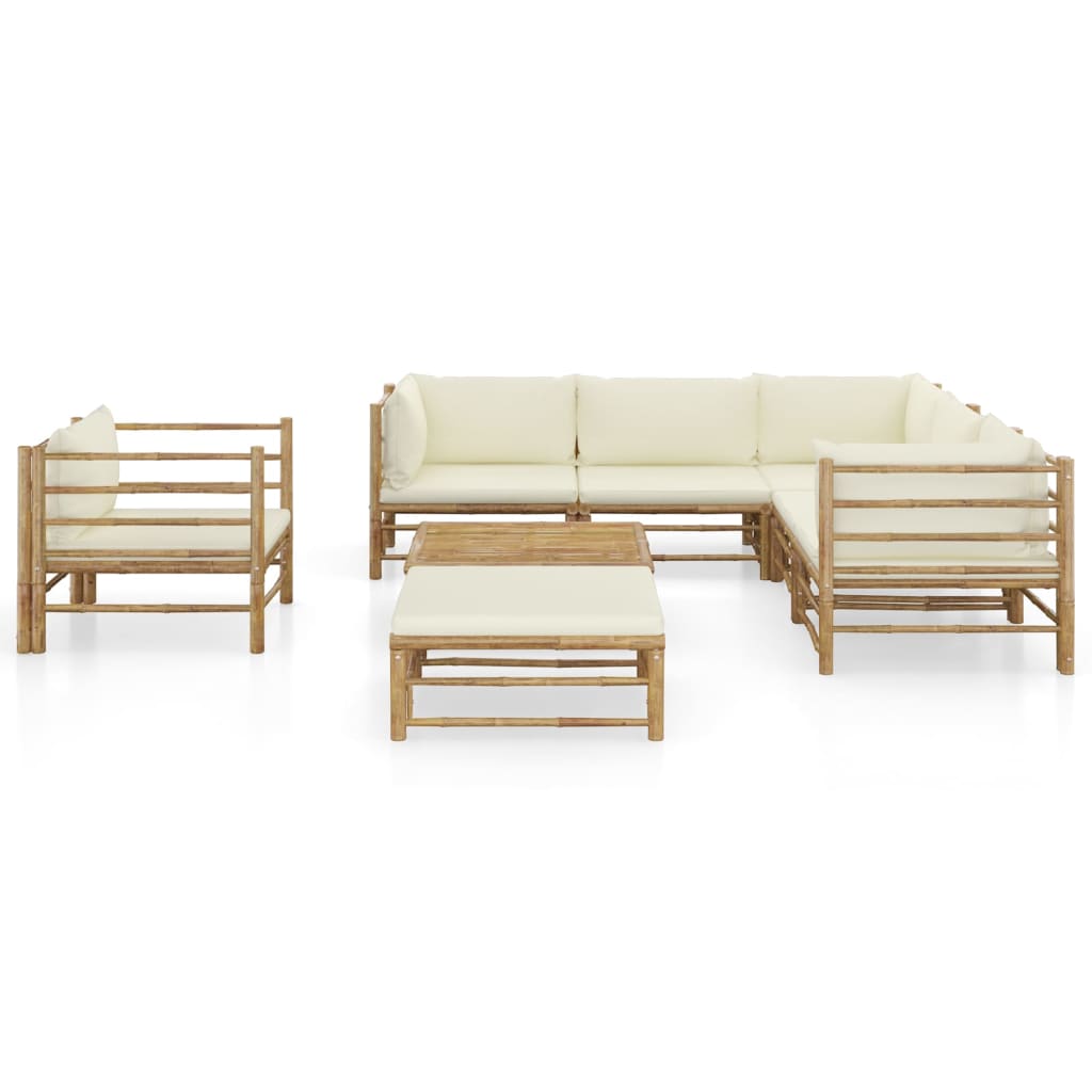 8 pcs conj. lounge p/ jardim em bambu c/ almofadões branco nata