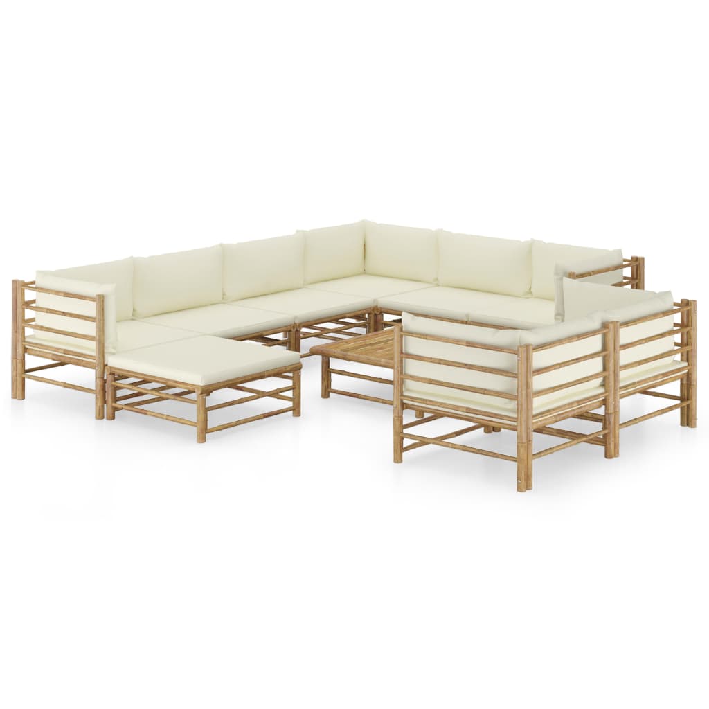 8 pcs conj. lounge p/ jardim em bambu c/ almofadões branco nata