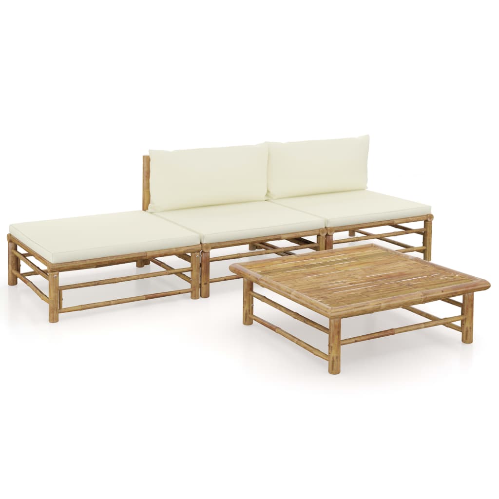 8 pcs conj. lounge p/ jardim em bambu c/ almofadões branco nata