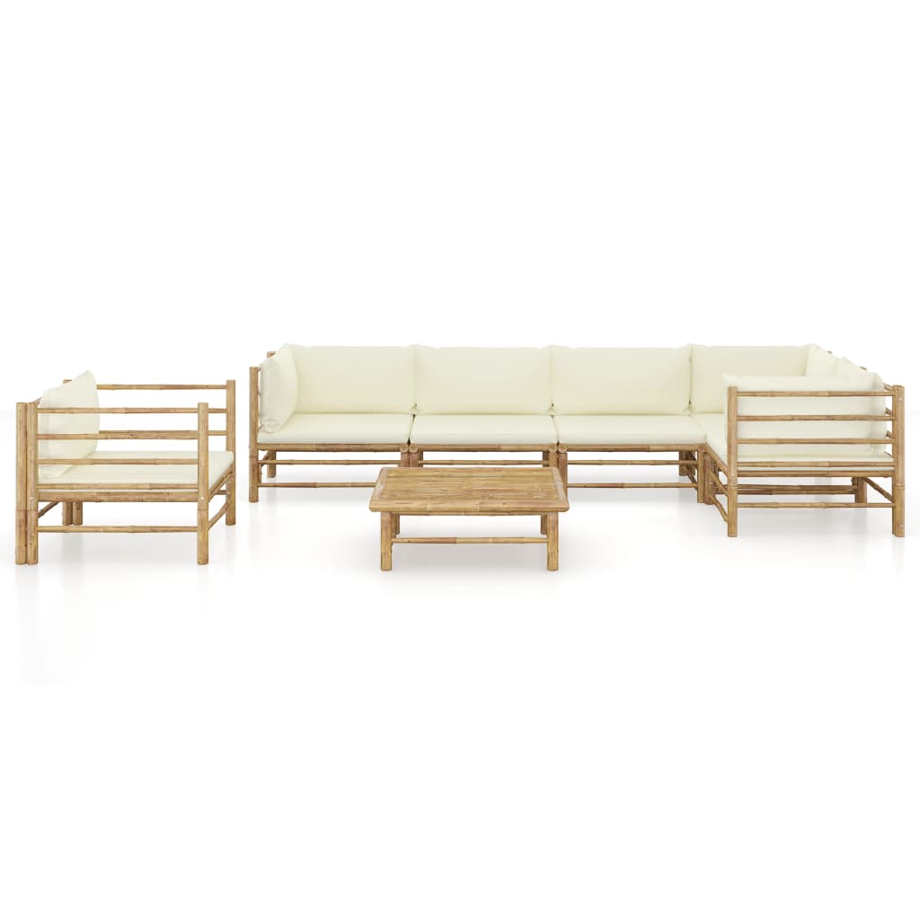 8 pcs conj. lounge p/ jardim em bambu c/ almofadões branco nata