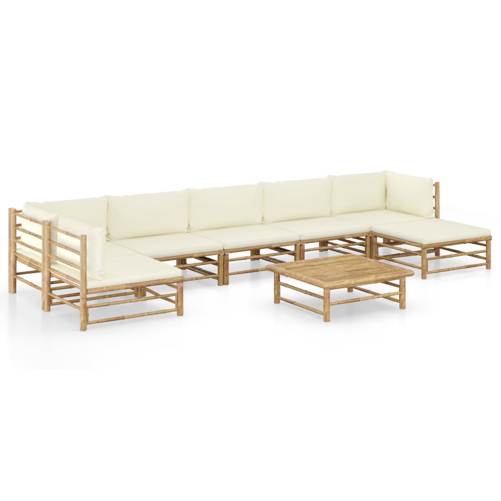 8 pcs conj. lounge p/ jardim em bambu c/ almofadões branco nata
