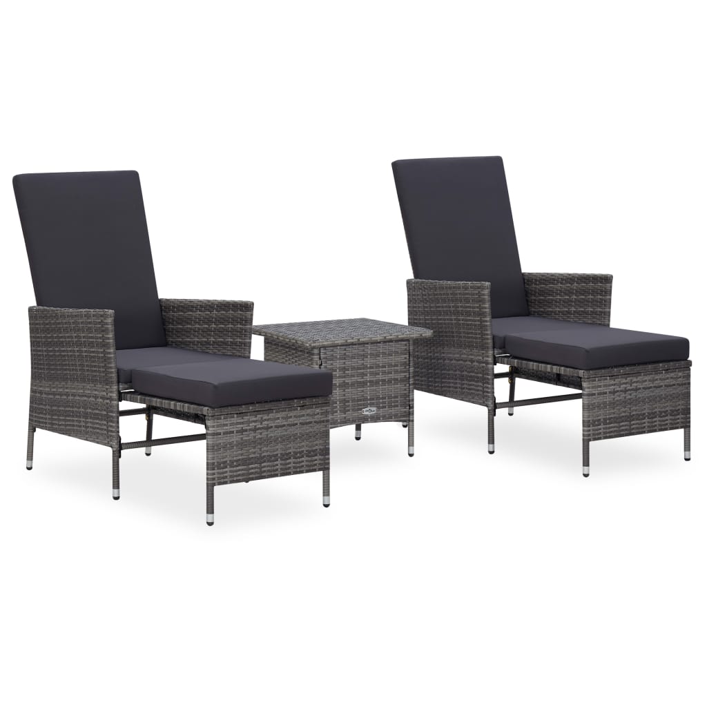 3 pcs conjunto lounge de jardim c/ almofadões vime PE cinzento