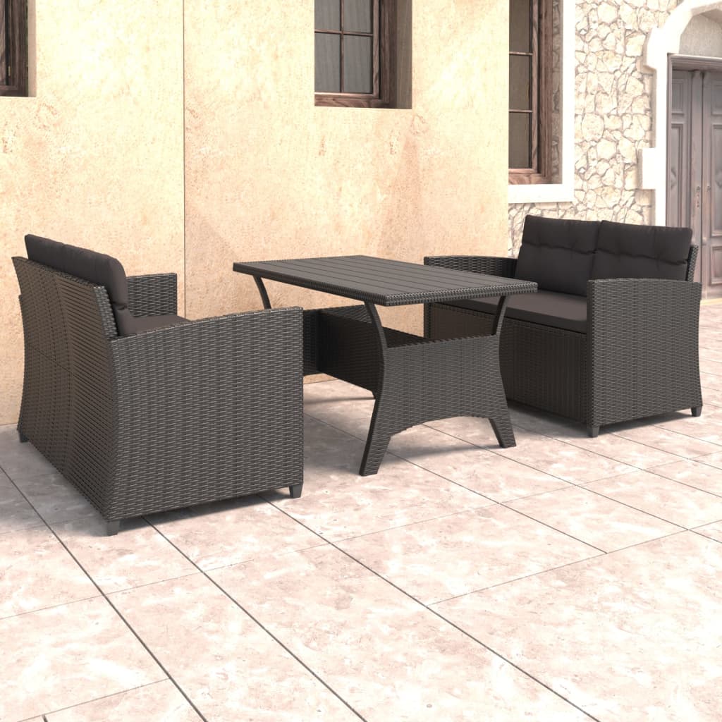 3 pcs conjunto lounge para jardim c/ almofadões vime PE preto