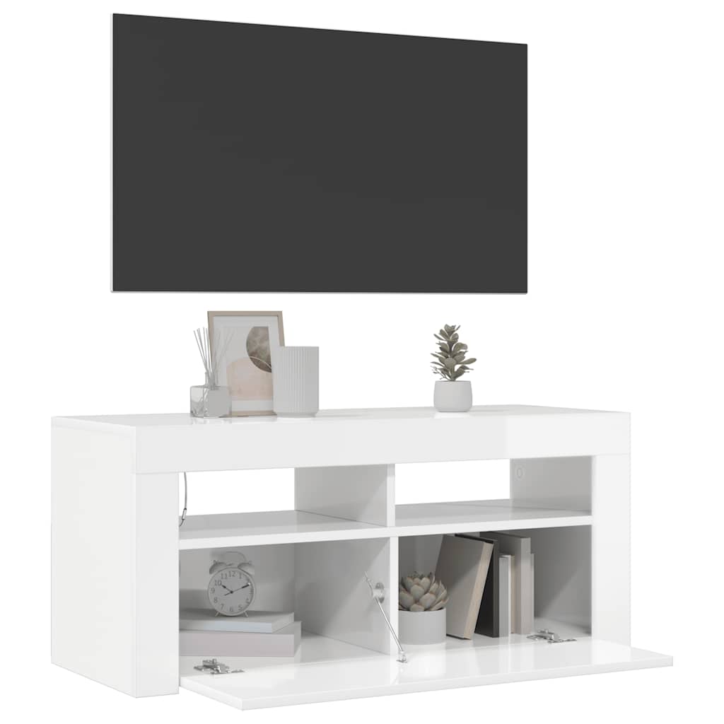 Móvel de TV com luzes LED 90x39x30 cm branco brilhante
