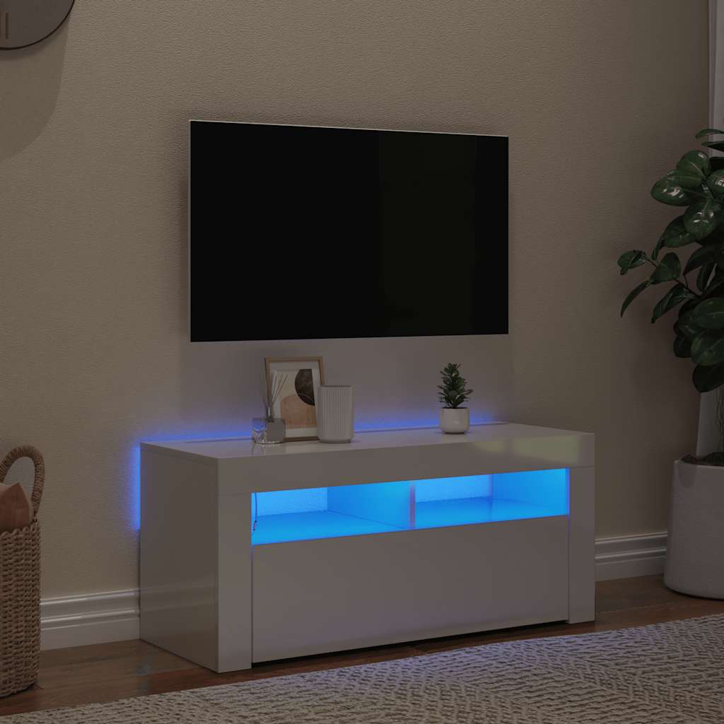 Móvel de TV com luzes LED 90x39x30 cm branco brilhante