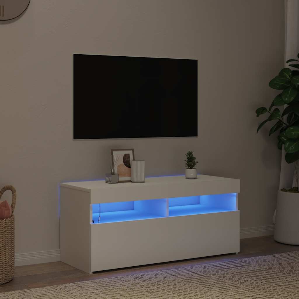 Móvel de TV com luzes LED 90x39x30 cm branco brilhante