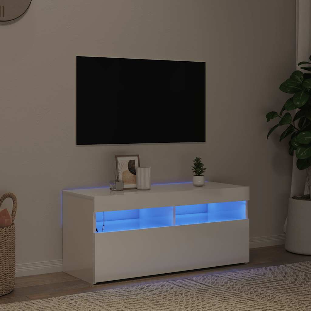 Móvel de TV com luzes LED 90x39x30 cm branco brilhante
