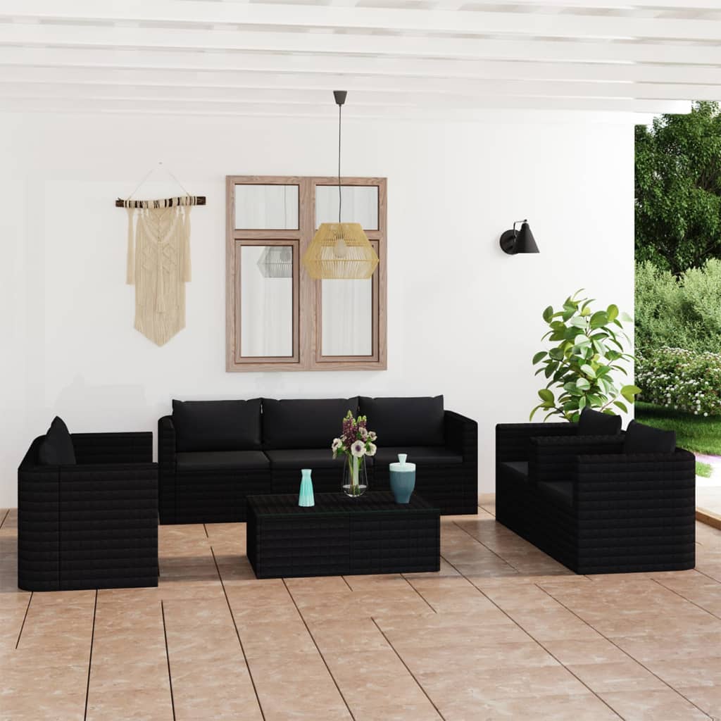 10 pcs conjunto lounge de jardim c/ almofadões vime PE preto