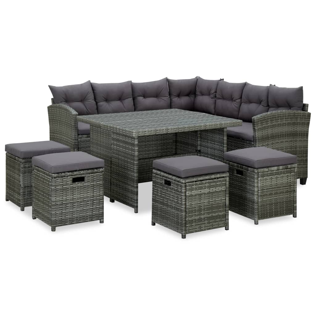 6 pcs conjunto lounge de jardim c/ almofadões vime PE cinzento