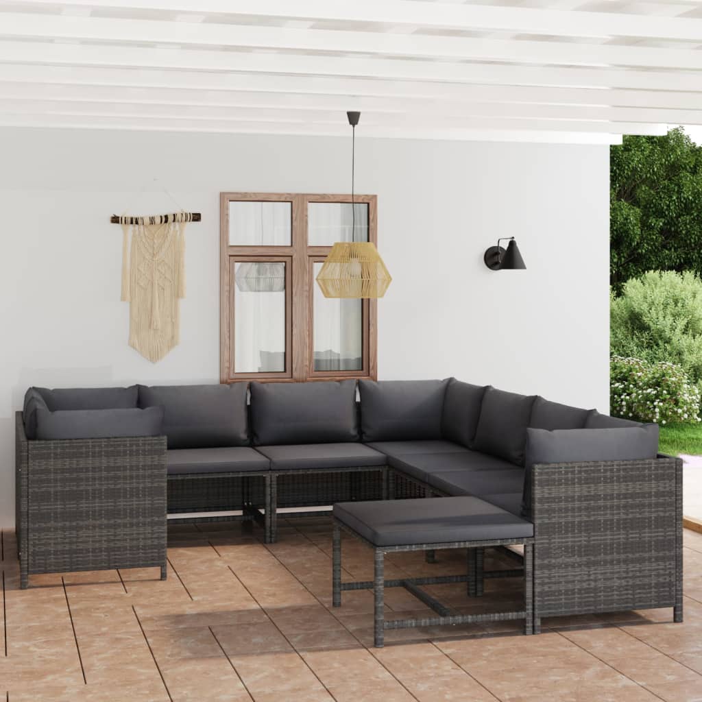 12 pcs conjunto lounge de jardim c/ almofadões vime PE cinzento