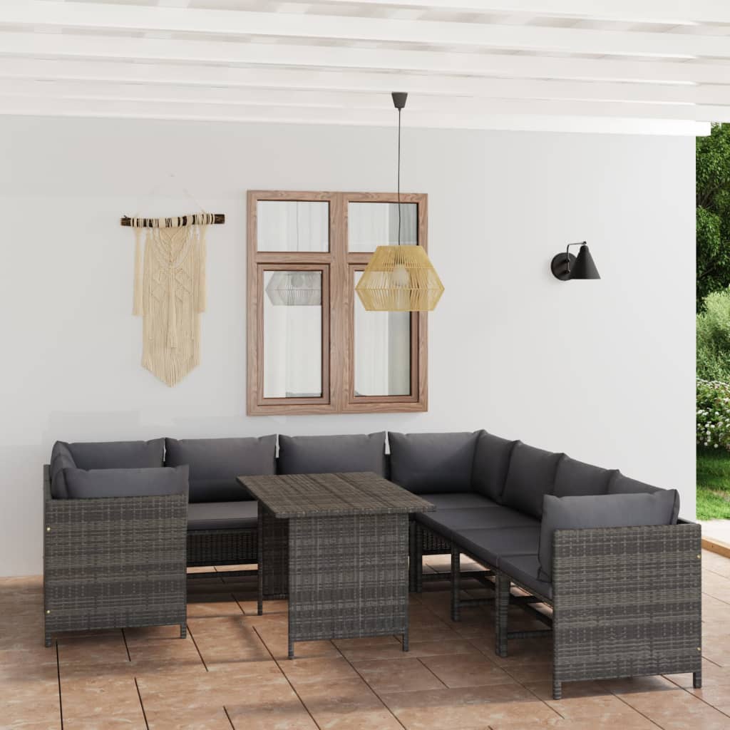 10 pcs conjunto lounge de jardim c/ almofadões vime PE cinzento