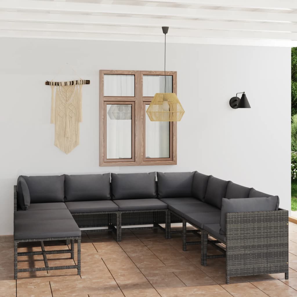 12 pcs conjunto lounge de jardim c/ almofadões vime PE cinzento