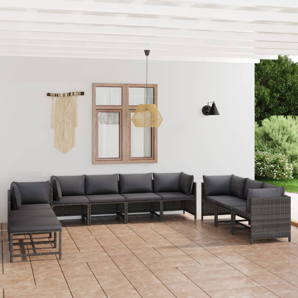 12 pcs conjunto lounge de jardim c/ almofadões vime PE cinzento