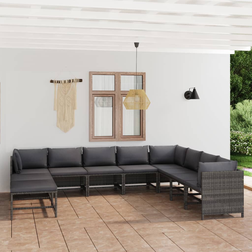 12 pcs conjunto lounge de jardim c/ almofadões vime PE cinzento