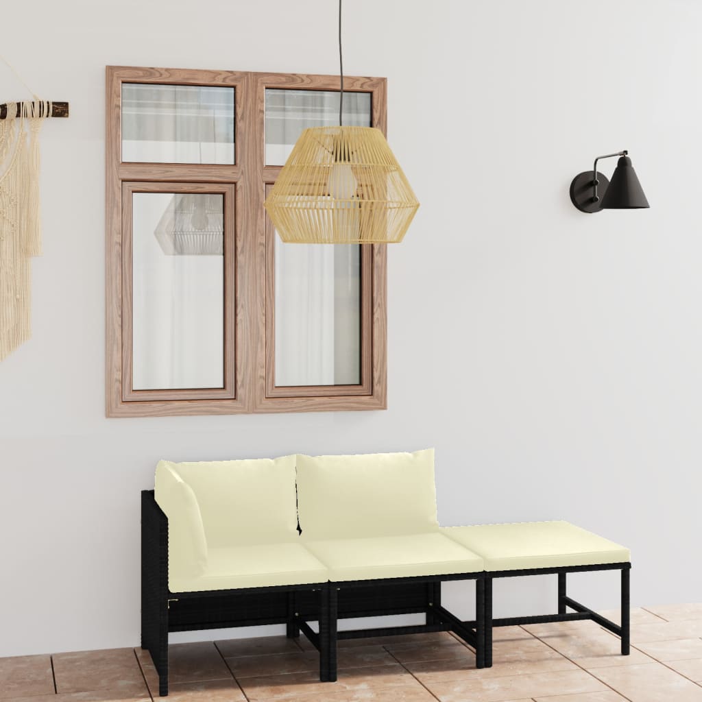 3 pcs conjunto lounge de jardim c/ almofadões vime PE cinzento