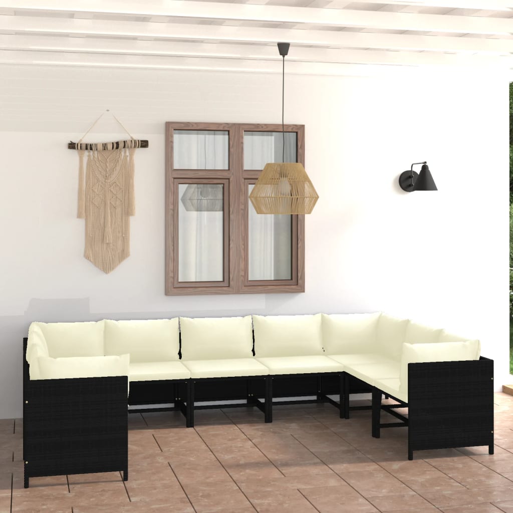 9 pcs conjunto lounge de jardim c/ almofadões vime PE cinzento