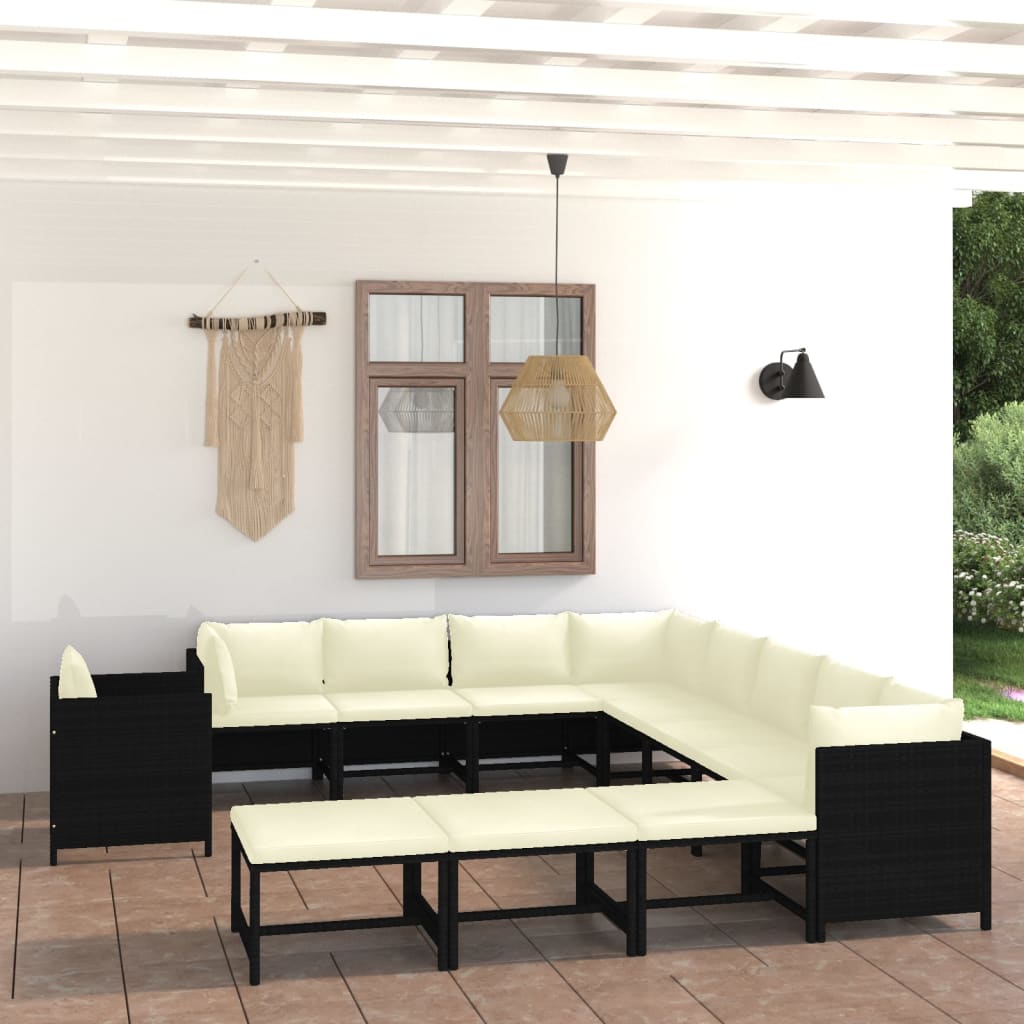 12 pcs conjunto lounge de jardim c/ almofadões vime PE cinzento