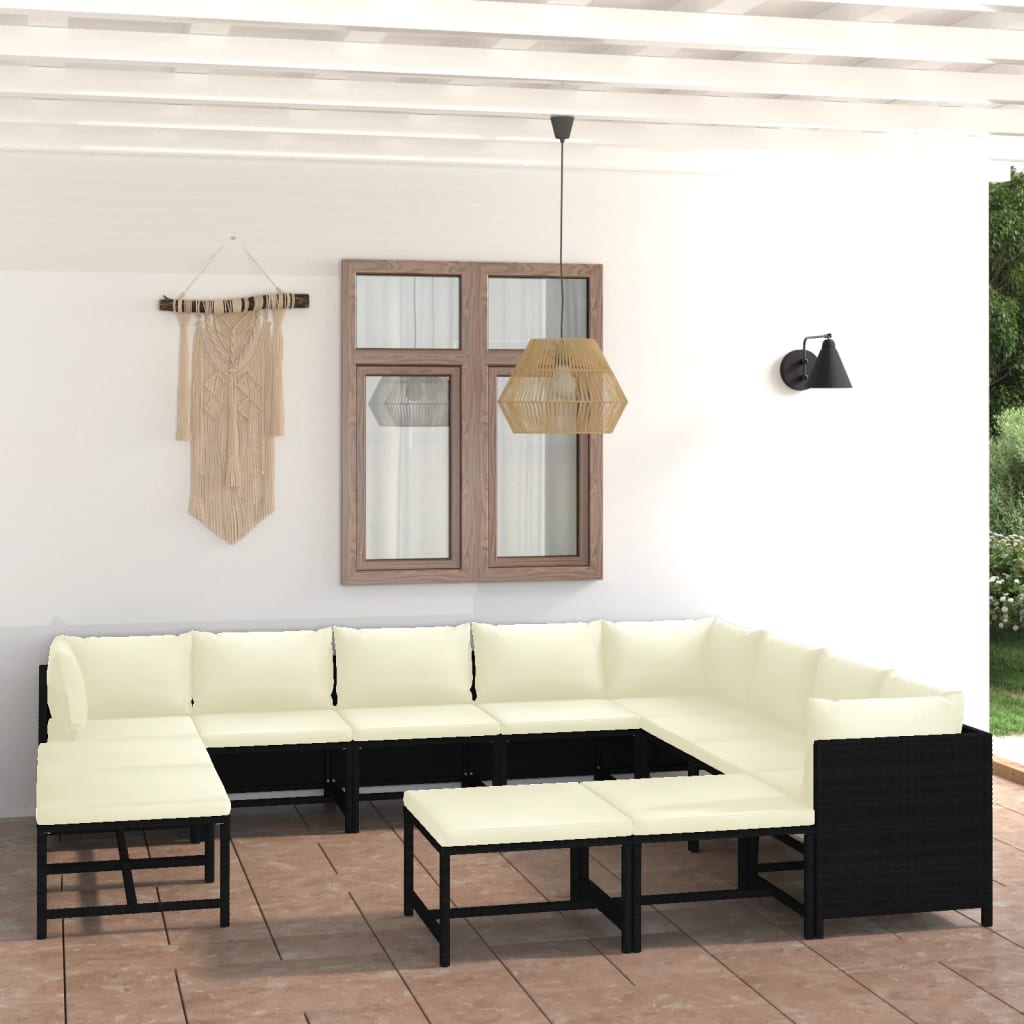 12 pcs conjunto lounge de jardim c/ almofadões vime PE cinzento