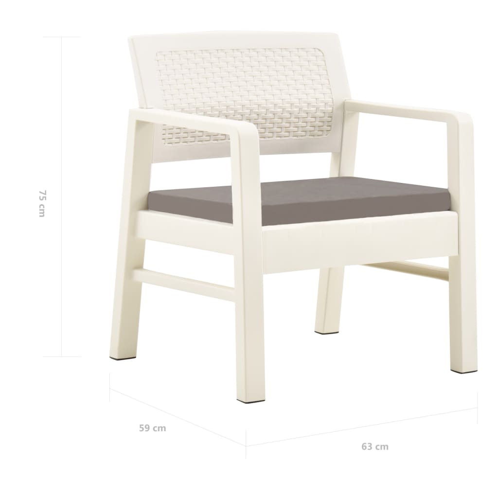 3 pcs conjunto lounge de jardim com almofadões plástico branco