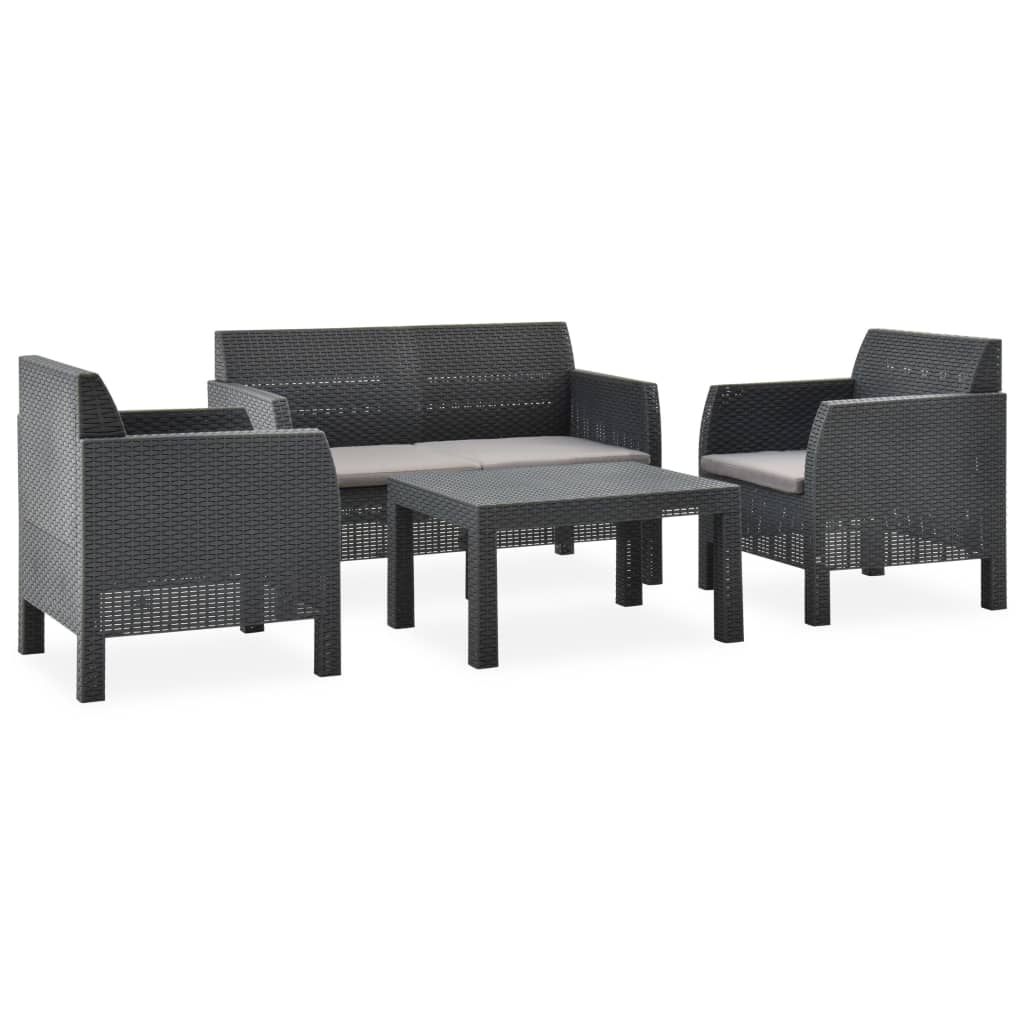 3 pcs conjunto lounge jardim com almofadões vime PP antracite