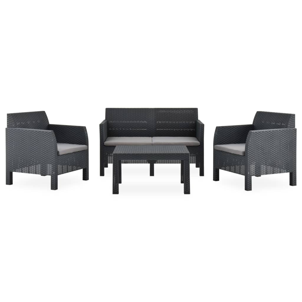 3 pcs conjunto lounge jardim com almofadões vime PP antracite
