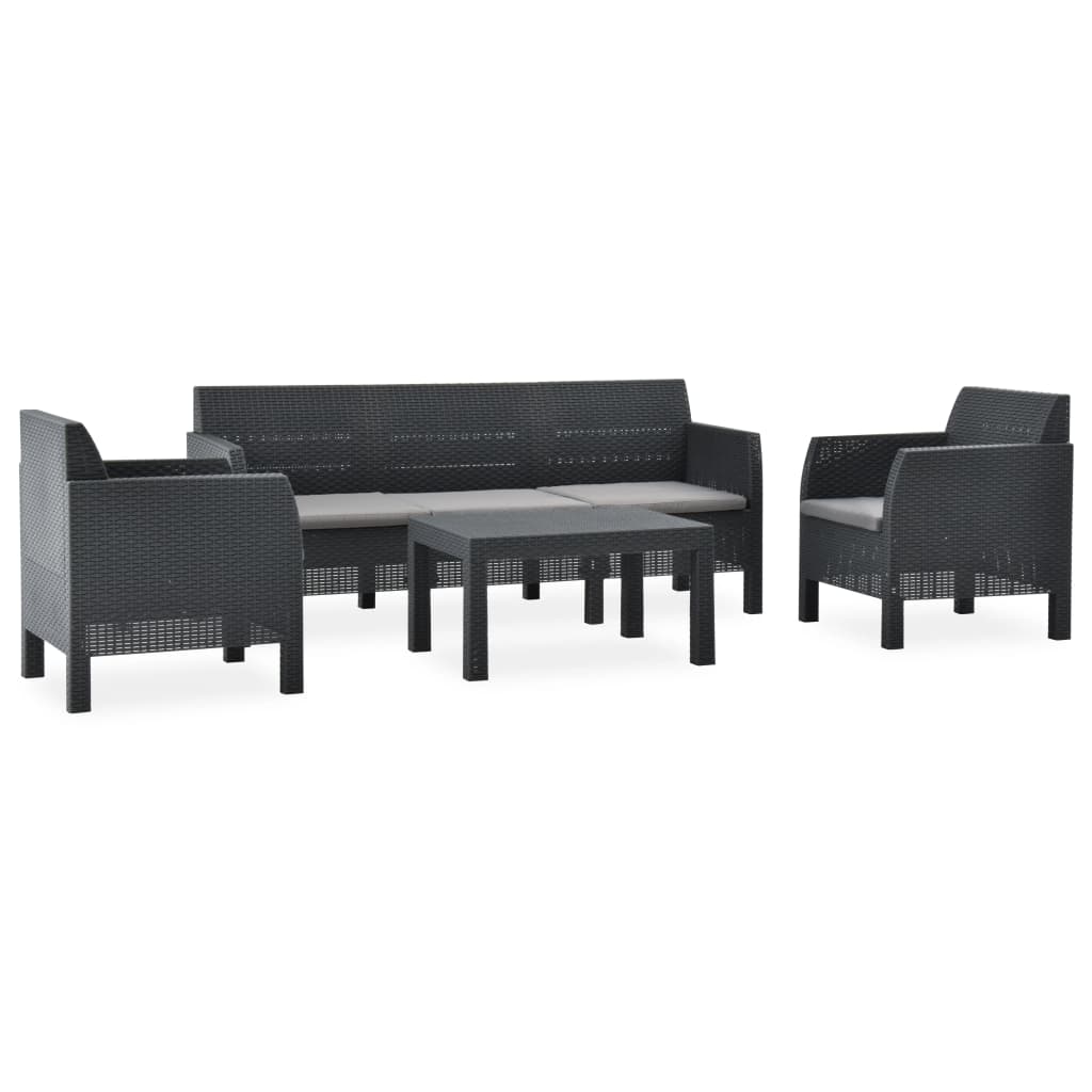 3 pcs conjunto lounge jardim com almofadões vime PP antracite