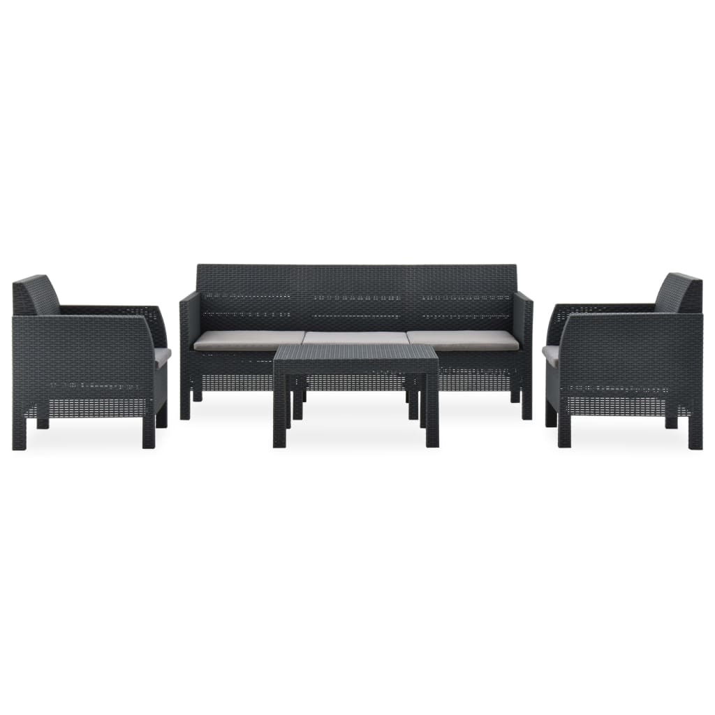 3 pcs conjunto lounge jardim com almofadões vime PP antracite