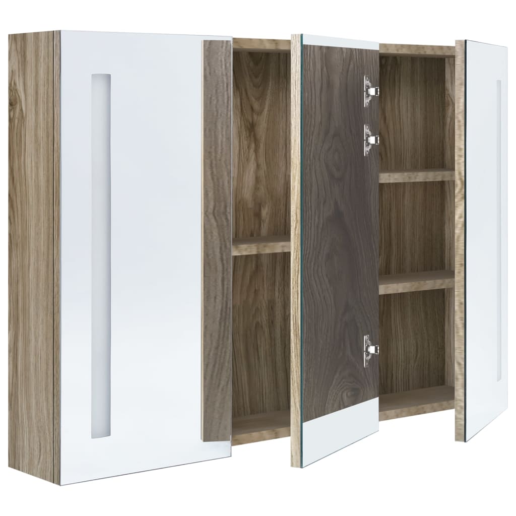 Armário espelhado p/ casa de banho com LED 89x14x62 cm carvalho