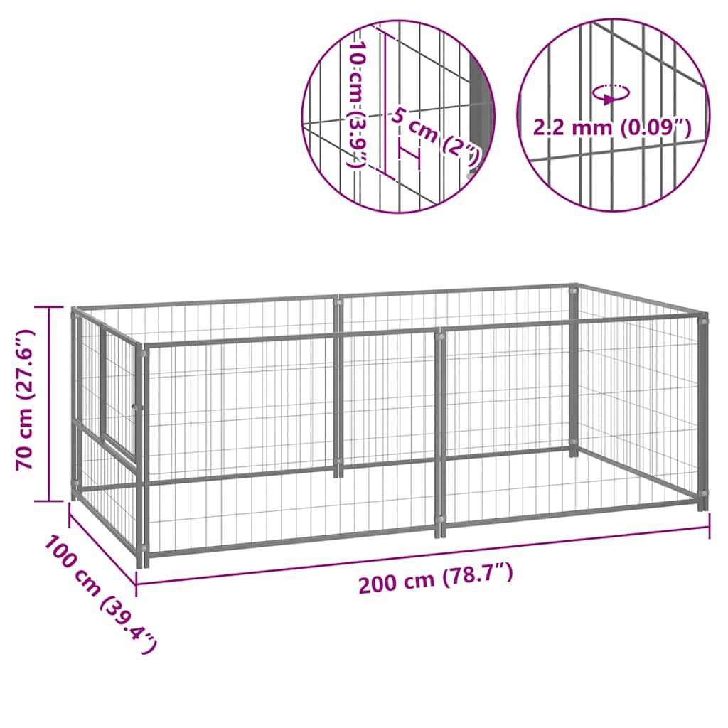 Canil para cães 200x100x70 cm aço prateado