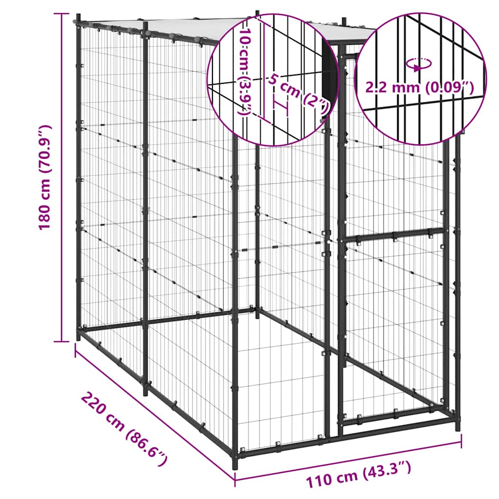 Canil de exterior com telhado 110x220x180 cm aço